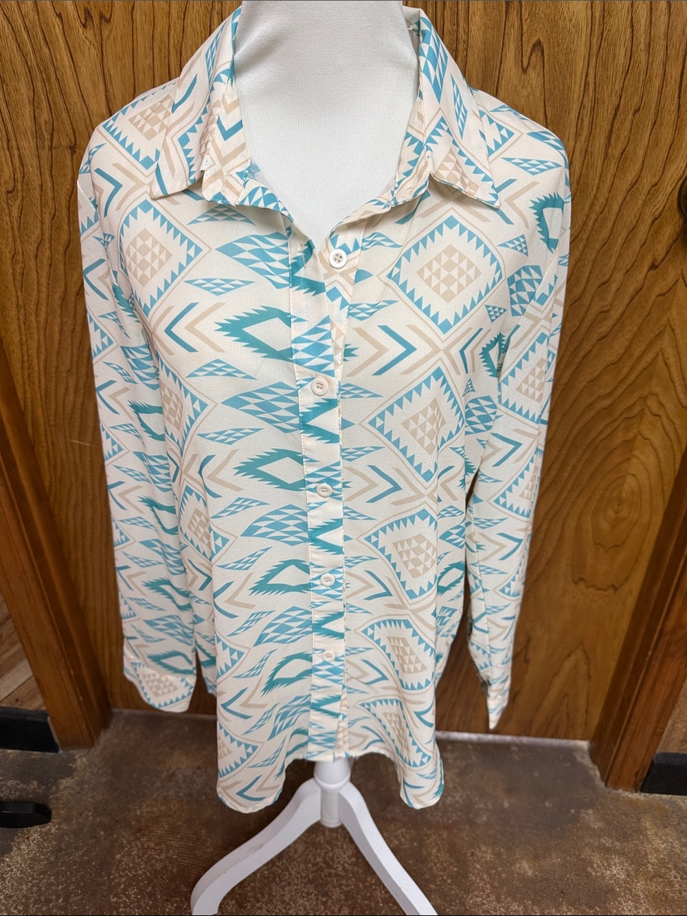 Lucky & Blessed Cream Button-Up Shirt with Teal Aztec Print Small